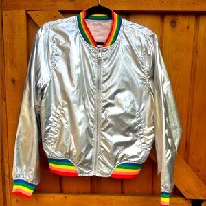 Ban.do metallic-silver rainbow, pink-satin-lined windbreaker—Size Small